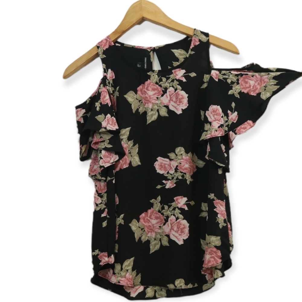 Fortune & Ivy Chiffon Floral Printed Cold Shoulder Top